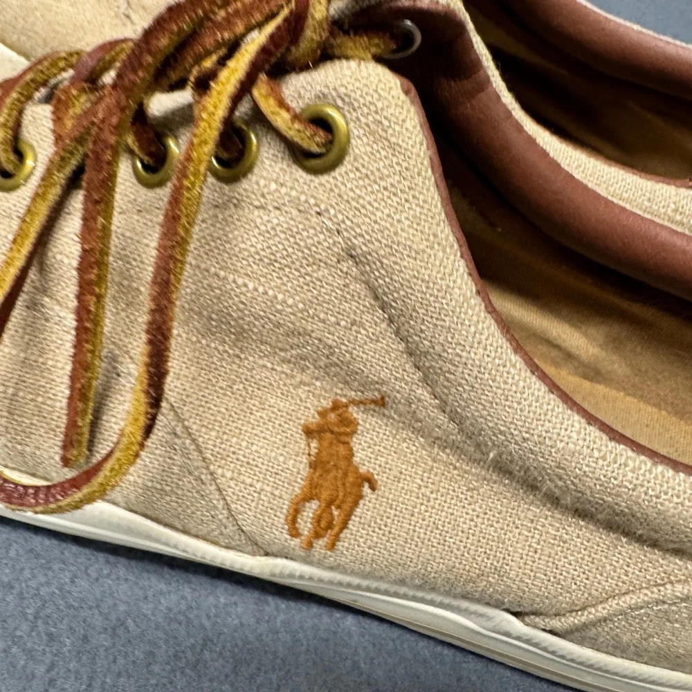 Polo Ralph Lauren Sneakers Mens 8.5 D Vaughn Flax Linen Suede Tan Brown Preppy